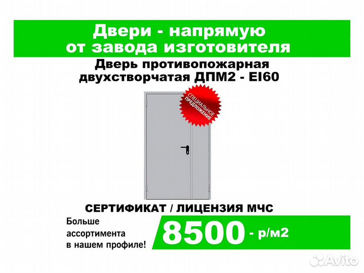 Дверь противопожарная дпм2 EI60 2050*1260