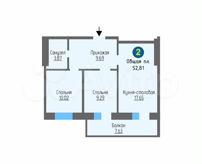 2-к. квартира, 52,8 м², 6/10 эт.
