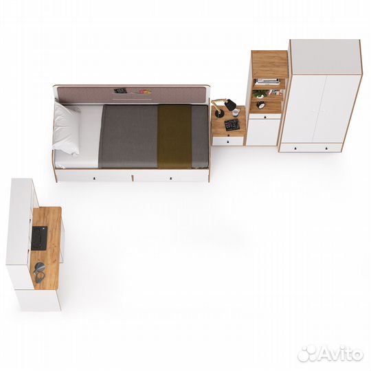 Мебель для большой молодёжной комнаты Вуди компоновка № 39, цвет белый премиум/дуб крафт золотой/сав