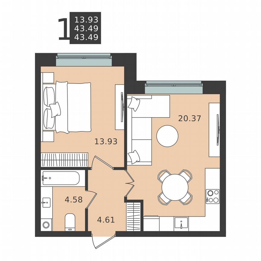 1-к. квартира, 43,5 м², 1/6 эт.