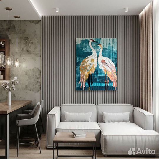 Большая картина с журавлями японскими в наличии