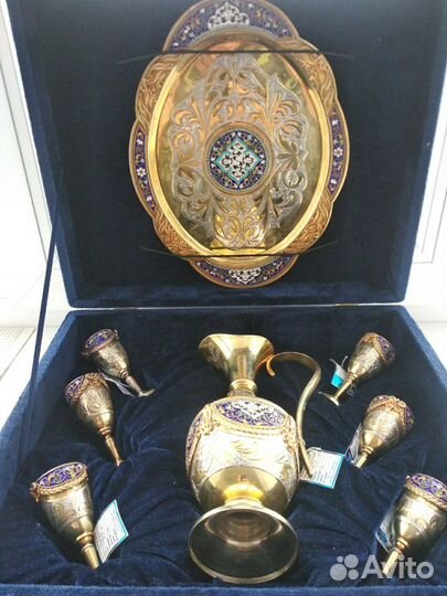 Серебряный, позолоченный набор для коньяка.Эмаль