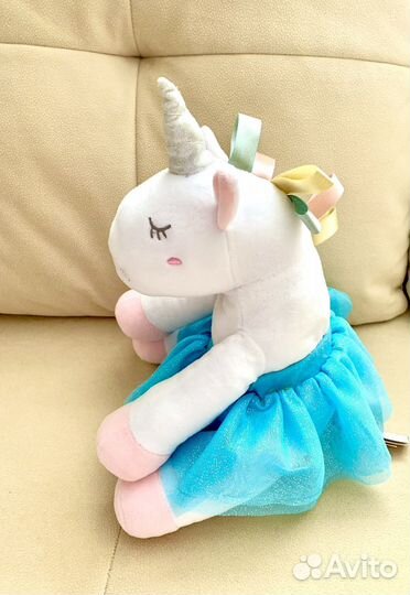 Мягкая игрушка Единорог 30 см белый голубой серый
