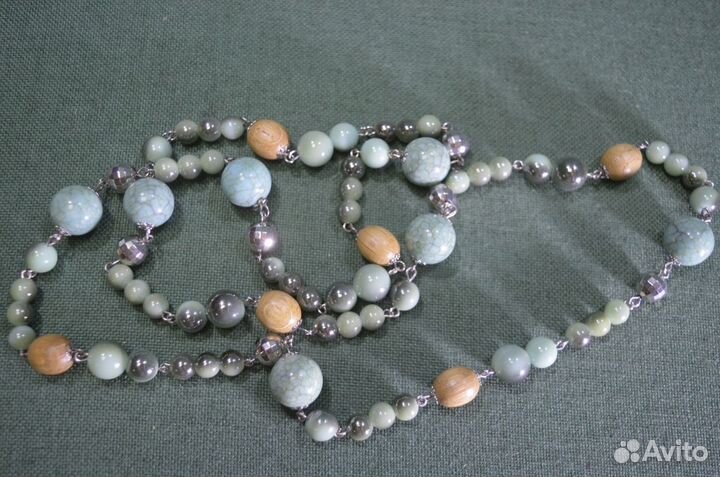 Бусы. Бирюза, дерево, металл, стекло. Длина 95 см