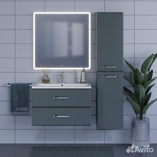 Тумба с раковиной для ванной подвесная, серый графит