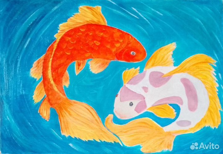 Картина маслом в раме карпы кои