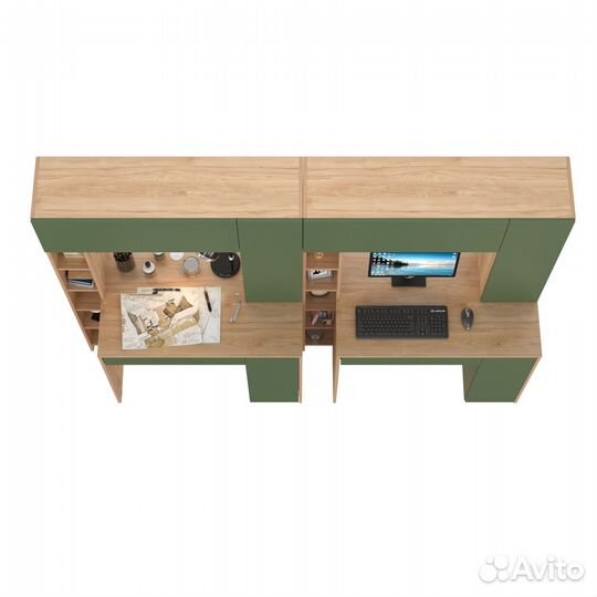 Два больших компьютерных стола Mobi Комфорт 12.71 цвет гикори рокфорд/дымчатый зелёный