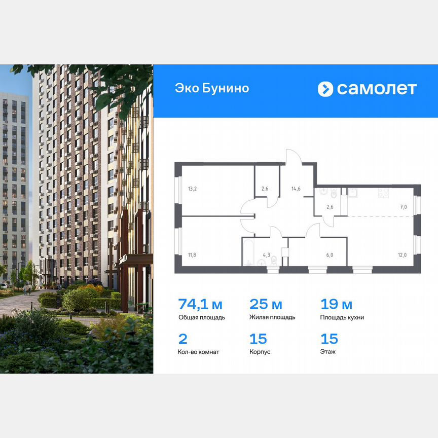 2-к. квартира, 74,1 м², 15/15 эт.
