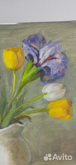 Букет цветов Ирисы и Тюльпаны Картина маслом 40\50