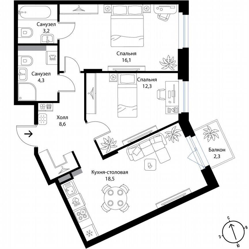 2-к. квартира, 63,7 м², 2/3 эт.