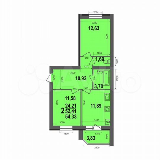 2-к. квартира, 54,3 м², 4/5 эт.