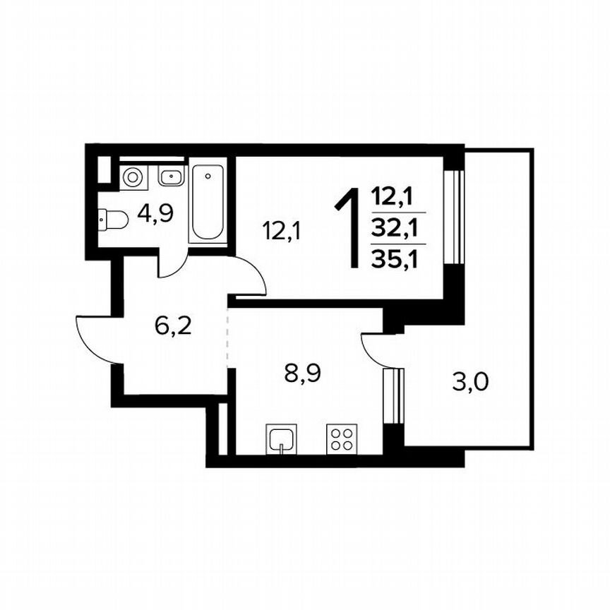 1-к. квартира, 35,1 м², 1/14 эт.