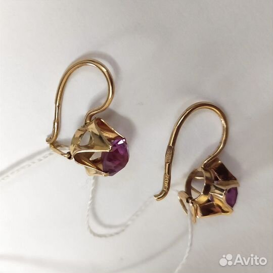 Серьги золотые с корундом 583 пробы СССР