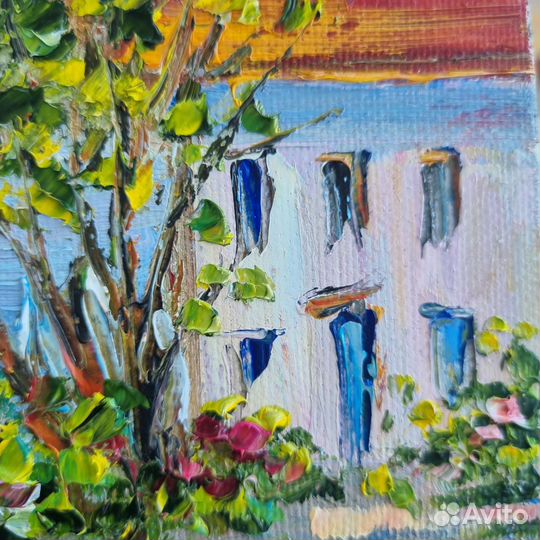 Картина маслом пейзаж цветы морской берег 15х20