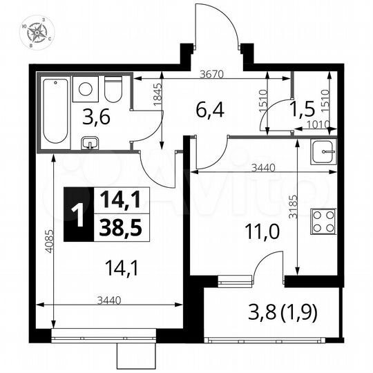 1-к. квартира, 38,5 м², 12/22 эт.