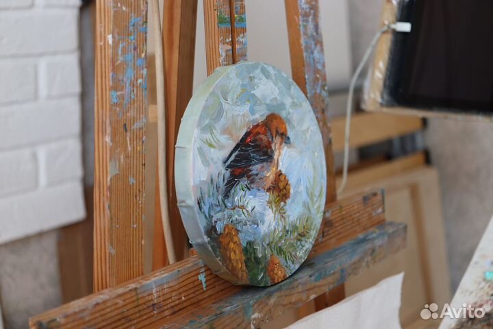 Картина маслом на холсте Пейзаж, диаметр 20см