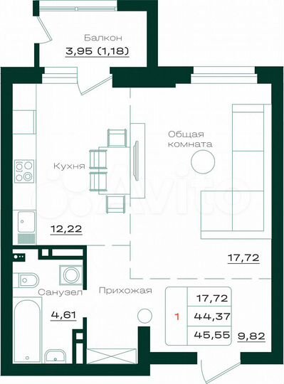1-к. квартира, 45,6 м², 6/17 эт.