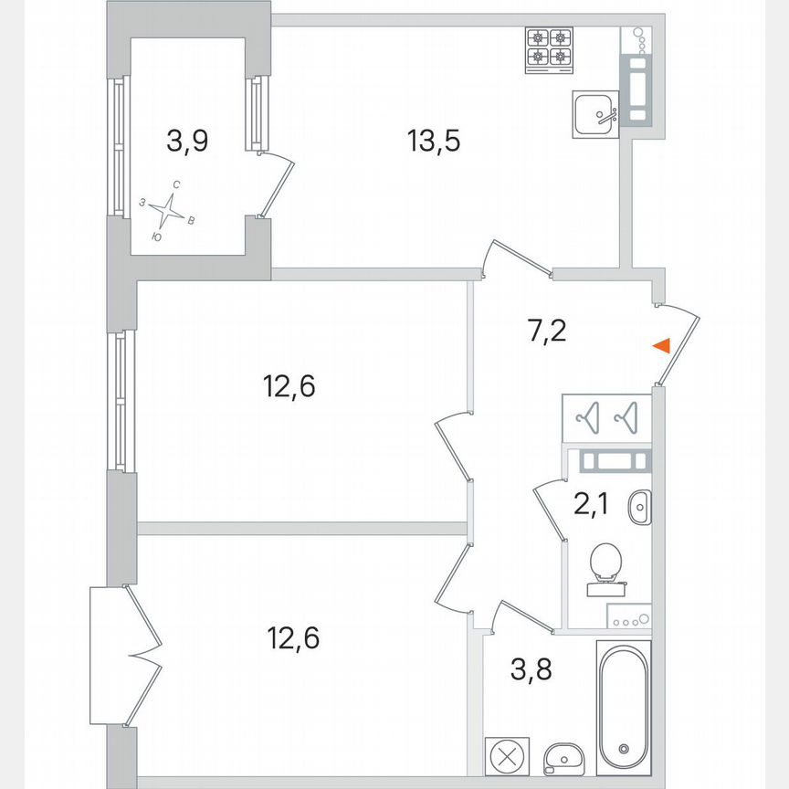 2-к. квартира, 53,8 м², 2/4 эт.