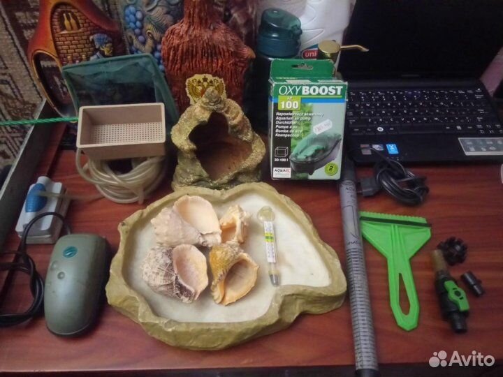 Аквариум Нагреватель Компрессор Кормушка Скал и др