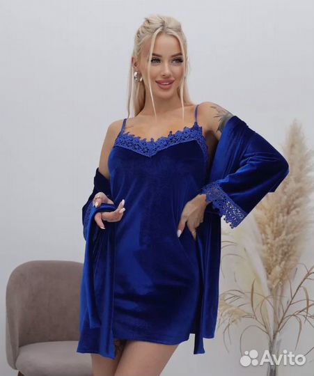 Пижама женская синяя из велюра 5 в 1