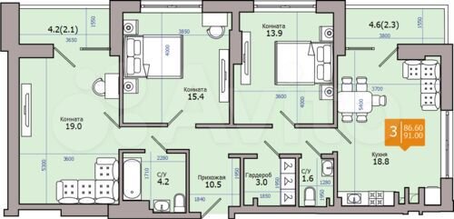3-к. квартира, 91 м², 7/18 эт.