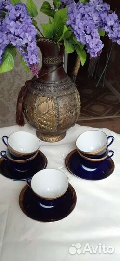 5 чайные пары Колосок лфз, кобальт с золотом