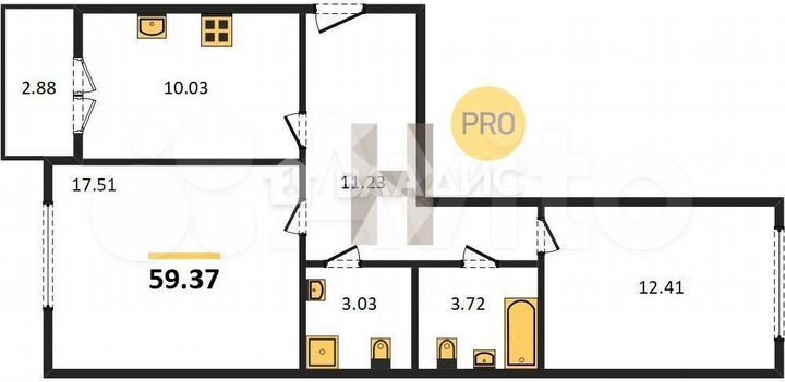 2-к. квартира, 59,4 м², 1/9 эт.