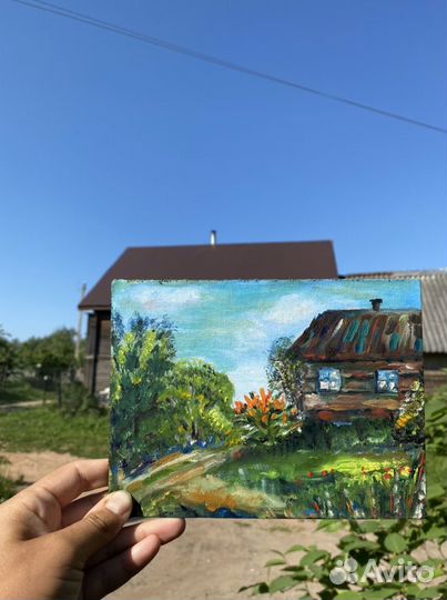 Живописная картина «Деревенька», холст на картоне
