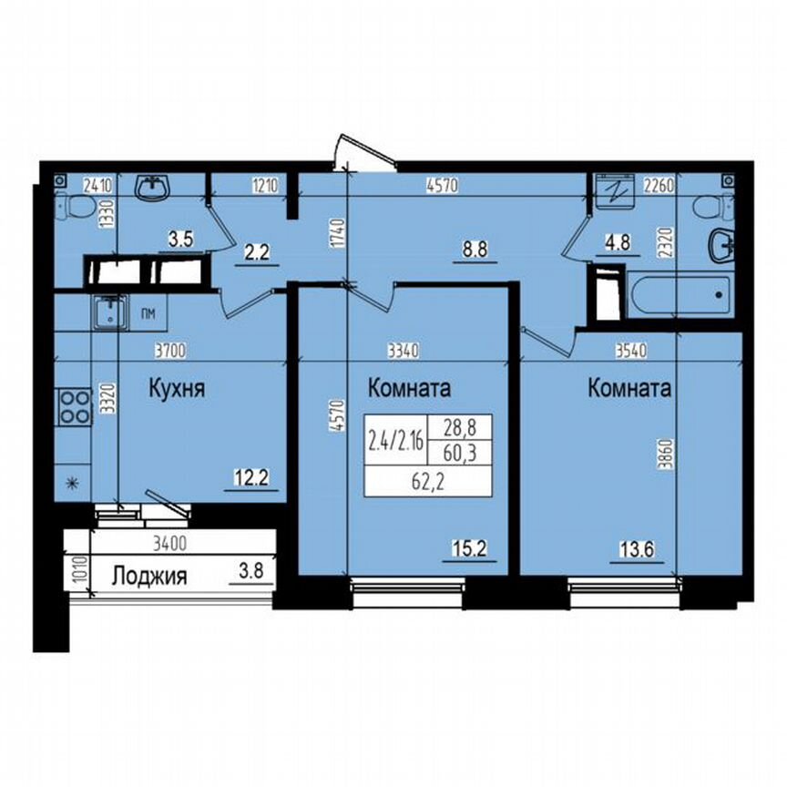 2-к. квартира, 62,2 м², 18/23 эт.