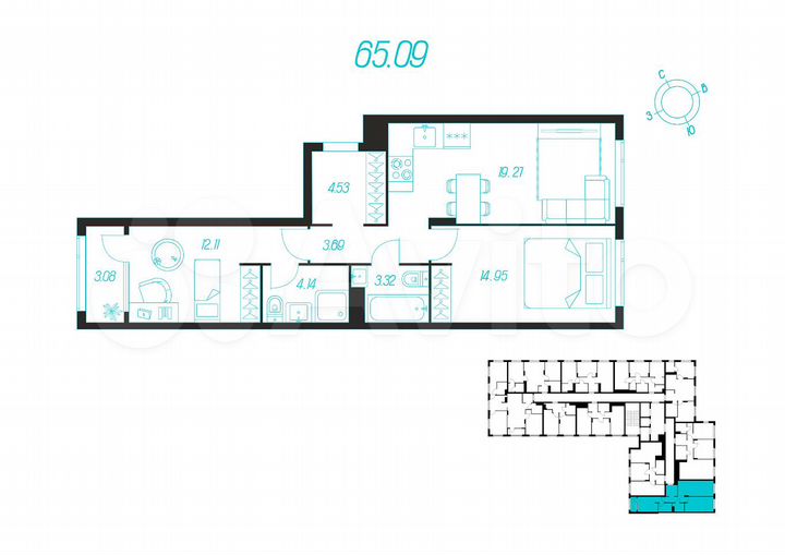 3-к. квартира, 65,1 м², 2/14 эт.