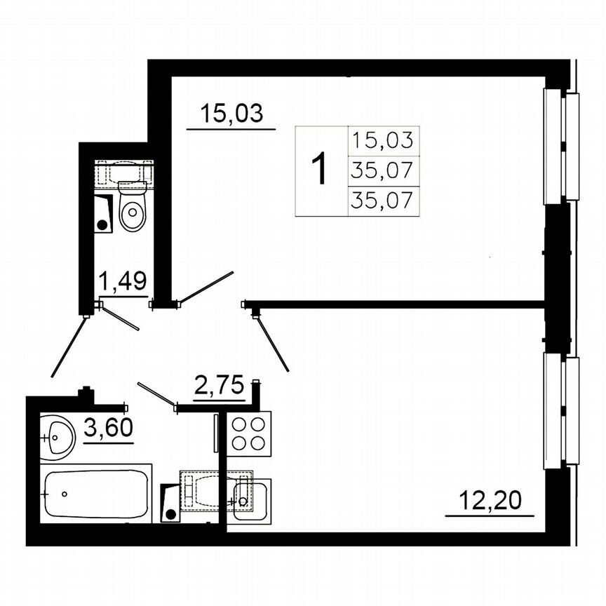 1-к. квартира, 35,5 м², 2/12 эт.