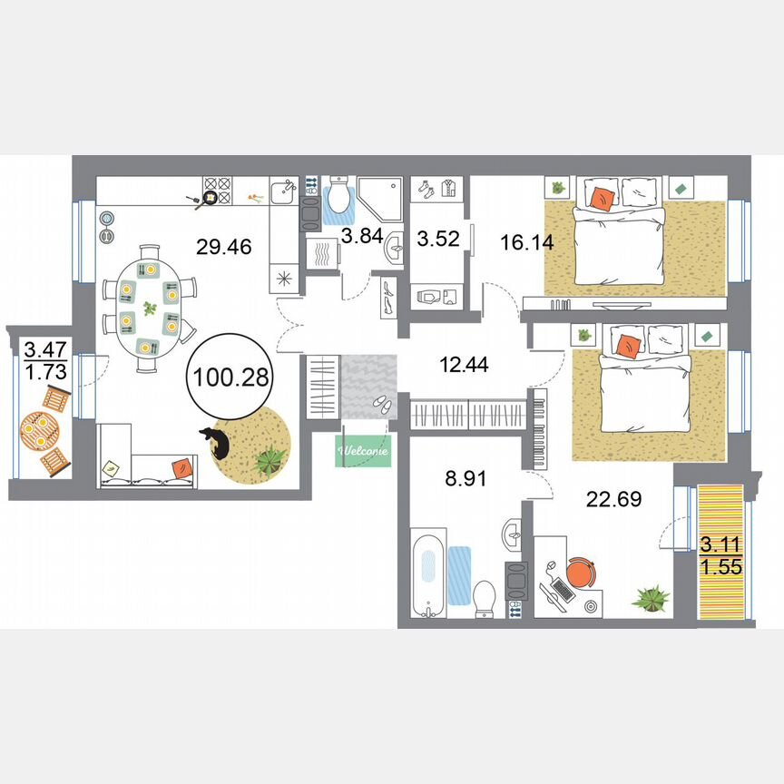 2-к. квартира, 100,3 м², 6/12 эт.