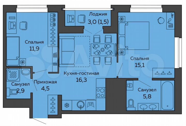 2-к. квартира, 58 м², 12/25 эт.