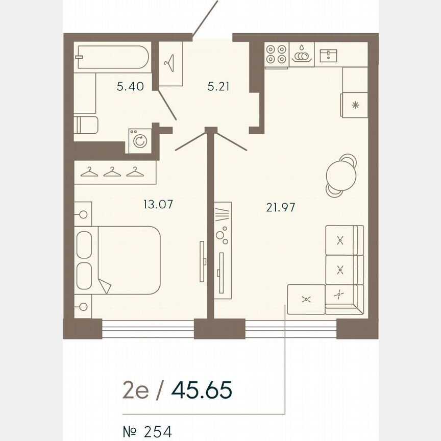 1-к. апартаменты, 45,7 м², 6/8 эт.