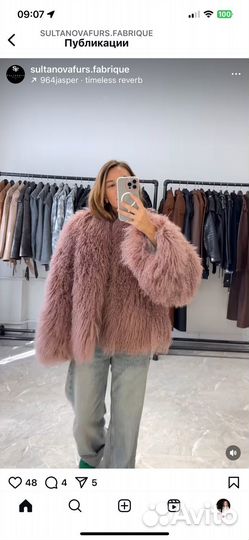 Шуба из меха ламы пыльная роза