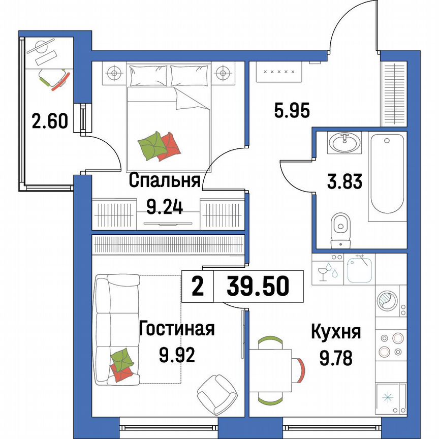 2-к. квартира, 39,5 м², 2/16 эт.