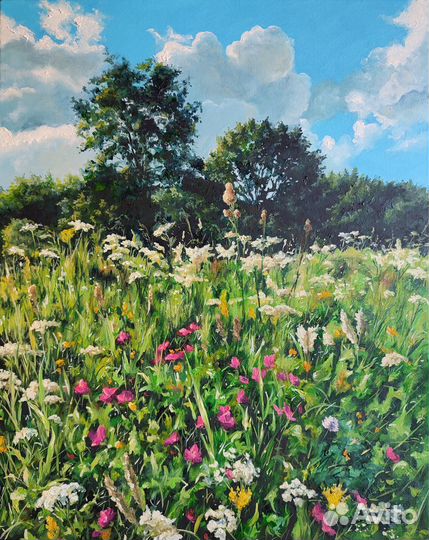 Картина поле цветов,картина маслом на холсте 50/40