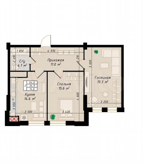 2-к. квартира, 64,6 м², 1/10 эт.