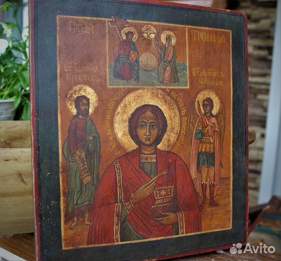 Старинная икона Пантелеймон с предстоящими 29*26