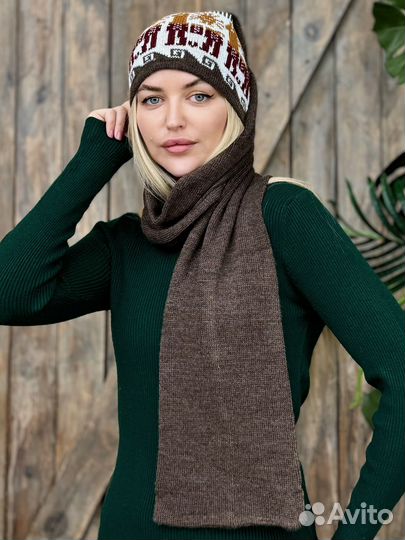 Перуанская женская шапка- шарф Лама цвет коричневый