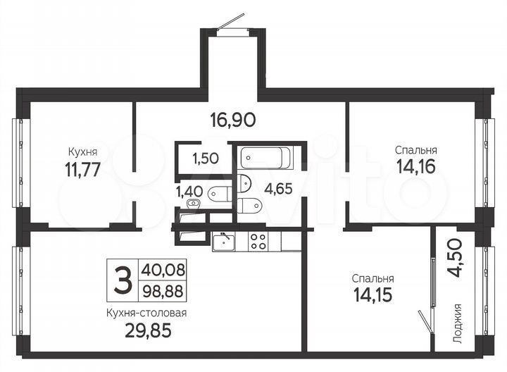 3-к. квартира, 98,9 м², 4/22 эт.
