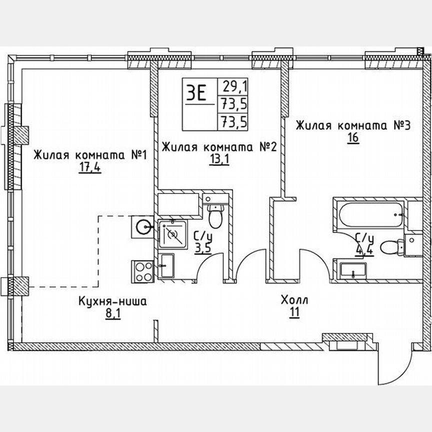2-к. квартира, 73,5 м², 3/19 эт.