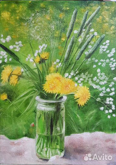 Картина Цветы Одуванчики. Масло, холст 13х18