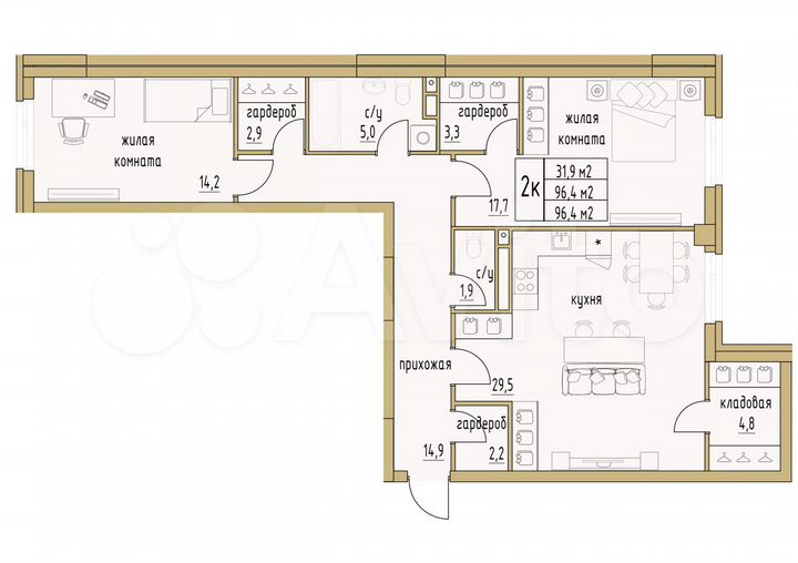 2-к. квартира, 96,4 м², 3/6 эт.