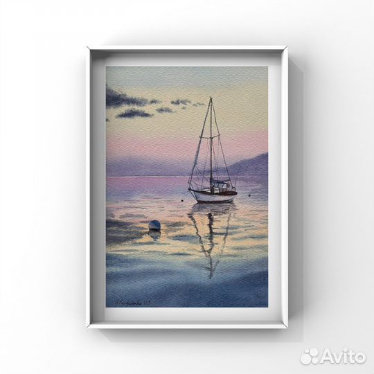 Акварельная картина Яхта на закате