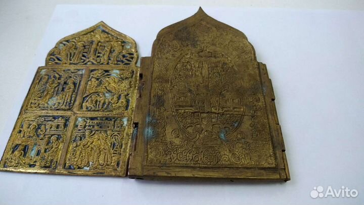 Складень Икона XIX века Бронза Эмаль с позолотой