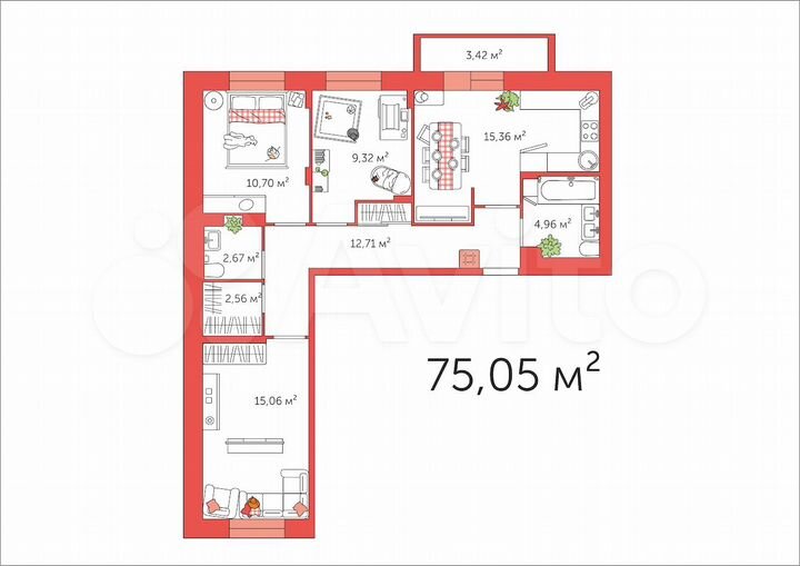 3-к. квартира, 75 м², 5/5 эт.