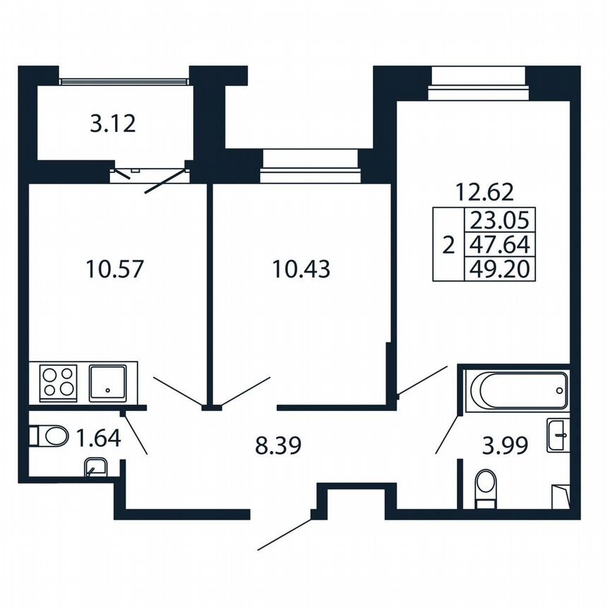 2-к. квартира, 50,8 м², 11/12 эт.