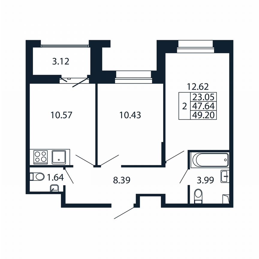 2-к. квартира, 50,8 м², 11/12 эт.