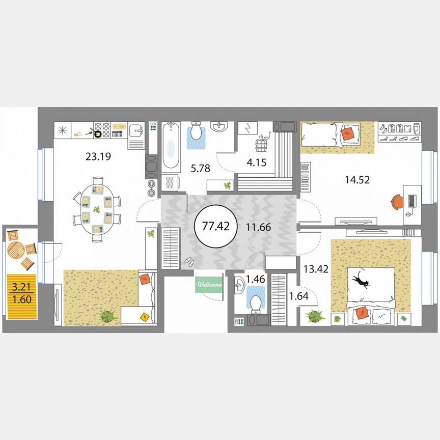 2-к. квартира, 77,4 м², 5/12 эт.